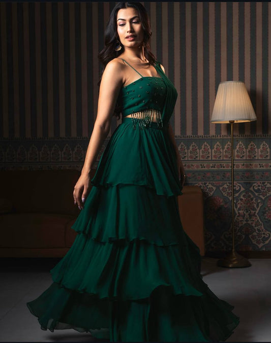 Emerald Green Georgette Lehenga Set with Cutdana Blouse