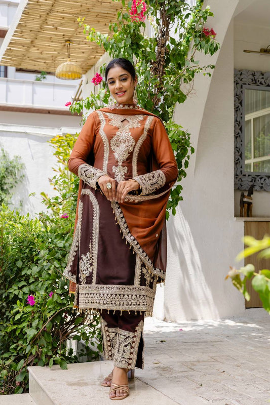 Star Georgette Embroidered Top with Crêpe Bottom & Dupatta Set