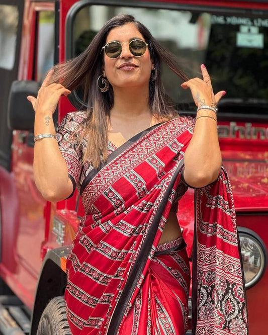 Pure Crepe Satin Ajrak Printed Saree with Rich Pallu