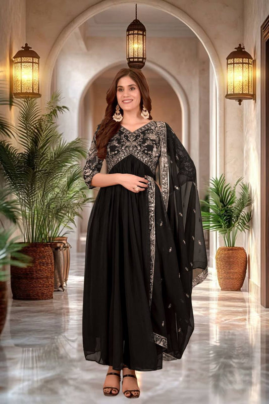 Elegance redefined: black embroidery gown with dupatta and pant
