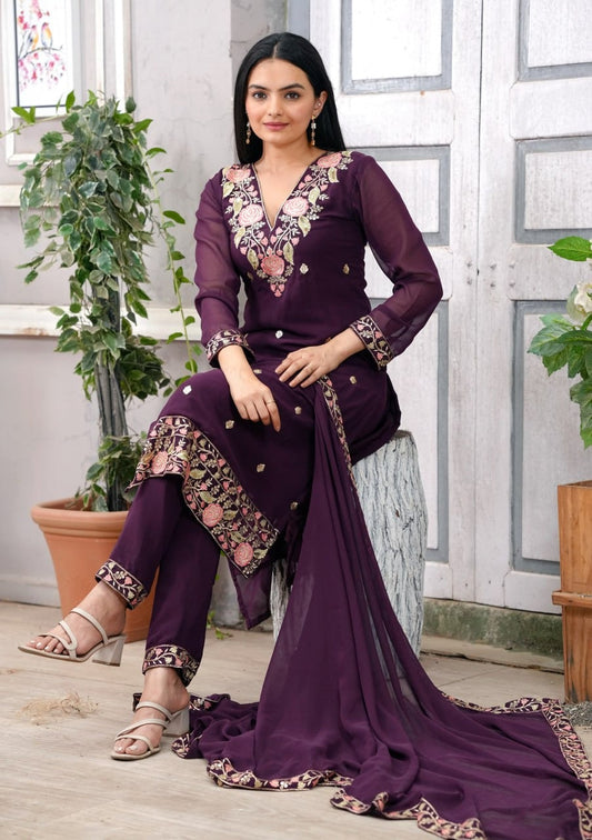 Elegant Embroidered Fox Georgette Suit Set