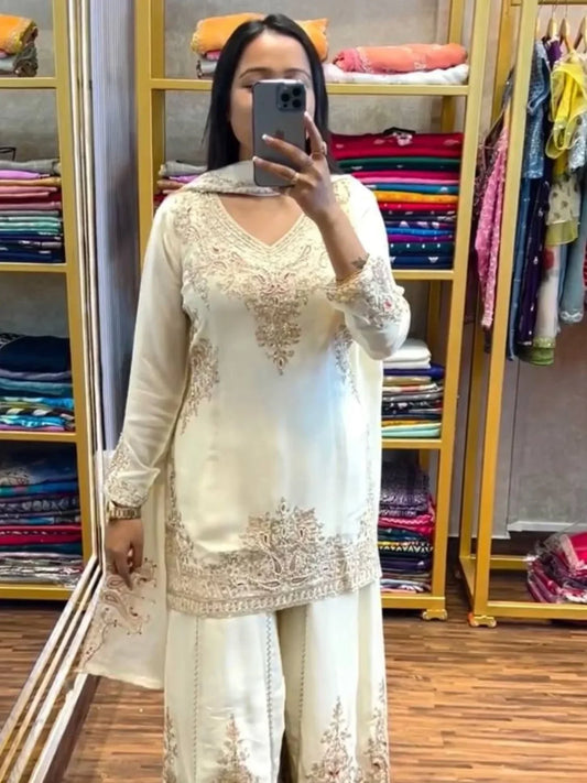 Attractive White Party Wear Heavy Embroidered Salwar Suit