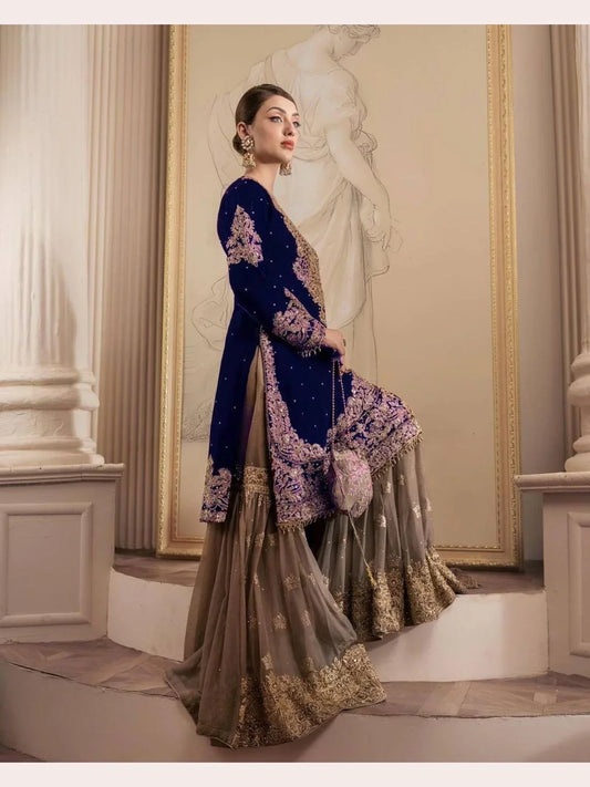 Beautiful Designer Faux Georgette Sequence Blue Sharara Set With Dupatta