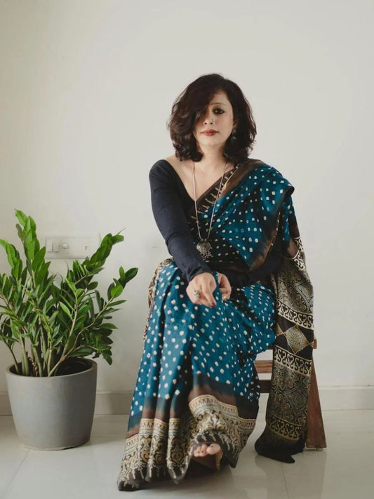 Buy Ajrakh Print Muslin Cotton Sarees Online At Wholesale Rates