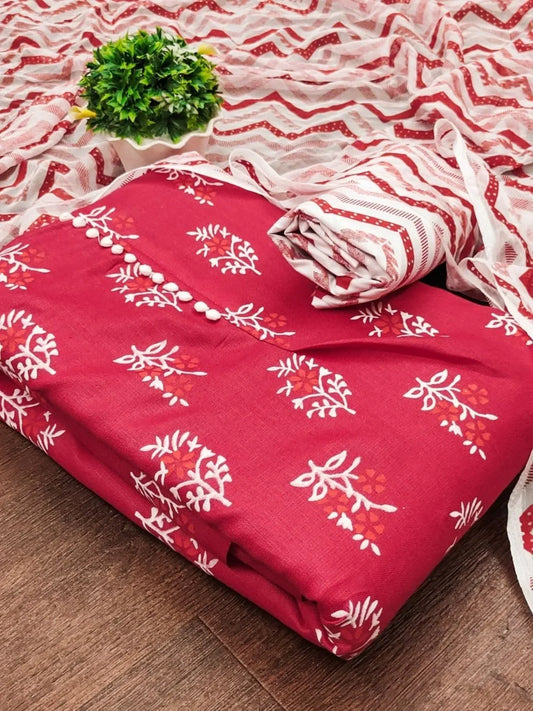 Buy Red Color Cotton Slub Print Dress Material Collection At Wholesale Rate