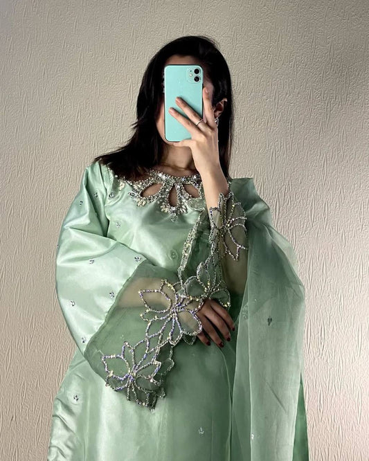 Elegant Moss Satin Kurta Set with Organza Dupatta