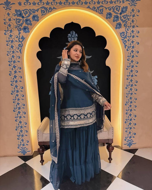 Georgette Kurti with Ruffled Sharara & Sequins Embroidered Dupatta Set