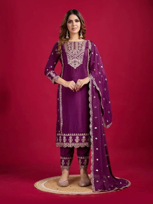 Purple Color Chinon Silk Salwar Suit With Heavy Embroidery & Mirror Work At Manufacturer Rates