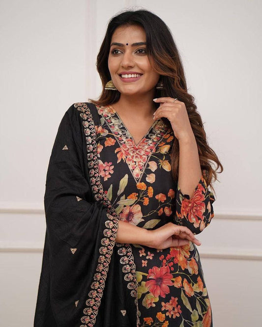 Pure Russian Silk Kurti Set with Embroidered Chanderi Dupatta