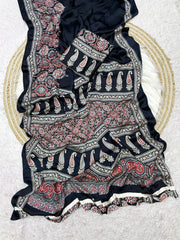 Pure Crepe Satin Ajrak Printed Saree with Rich Pallu