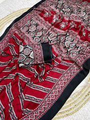 Pure Crepe Satin Ajrak Printed Saree with Rich Pallu