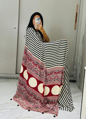 Pure Crepe Satin Ajrak Printed Saree with Rich Pallu