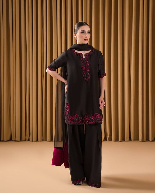 Natural Crepe Top with Farshi Plazzo & Organza Dupatta Set