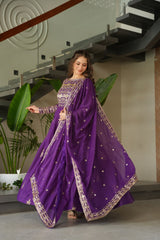 Chinnon Embroidered Gown with Dupatta – Rama & Purple
