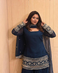 Georgette Kurti with Ruffled Sharara & Sequins Embroidered Dupatta Set