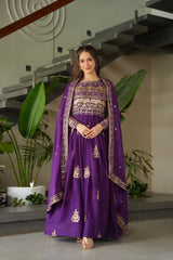 Chinnon Embroidered Gown with Dupatta – Rama & Purple