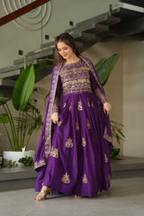 Chinnon Embroidered Gown with Dupatta – Rama & Purple