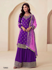 Heavy Chinon Semi-Stitched Embroidered Top &amp; Plazo Set with Dupatta