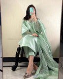 Elegant Moss Satin Kurta Set with Organza Dupatta