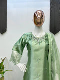 Elegant Moss Satin Kurta Set with Organza Dupatta