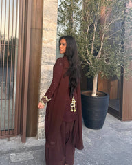 Faux Georgette Embroidered Kurta Set with Farshi Pant & Dupatta