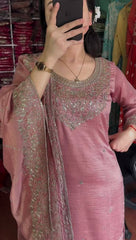 Chinon Silk Embroidered Kurti Set with Dupatta