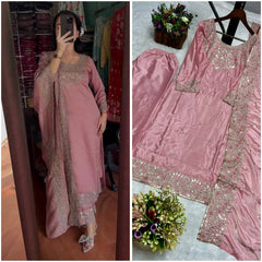 Chinon Silk Embroidered Kurti Set with Dupatta