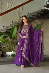 Chinnon Embroidered Gown with Dupatta – Rama & Purple