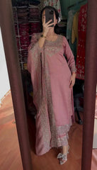 Chinon Silk Embroidered Kurti Set with Dupatta