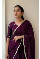 Elegant Space Silk Saree with Golden Sequence Border & Beads Work Blouse