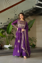 Chinnon Embroidered Gown with Dupatta – Rama & Purple