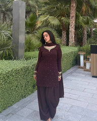 Faux Georgette Embroidered Kurta Set with Farshi Pant & Dupatta