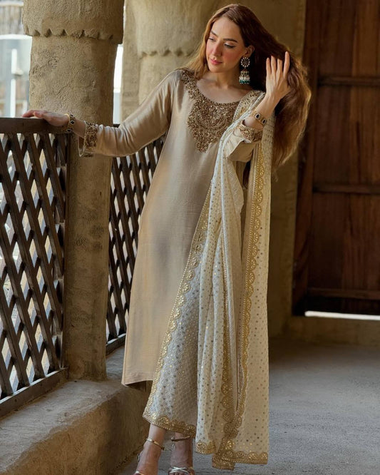 Devsena Silk Embroidered Suit Set with Georgette Dupatta