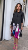 Chic Black Shirt Dress with Fashionista Print