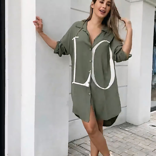 Chic Olive Green Oversized Button-Down Shirt Dress