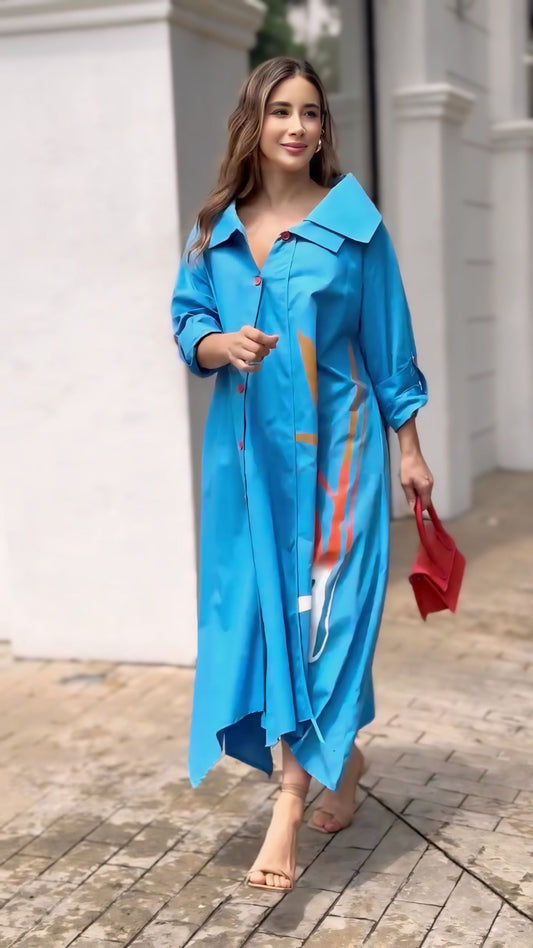 Vibrant Blue Artistic Maxi Shirt Dress