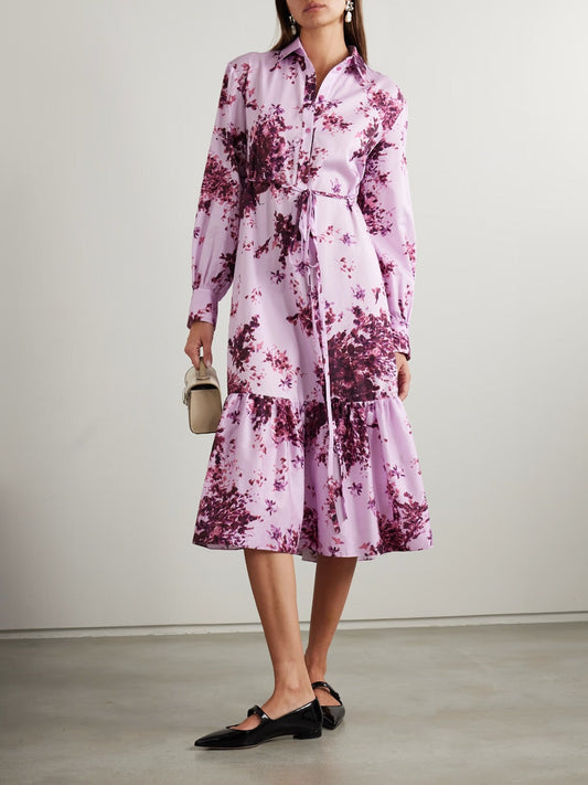 Elegant Lilac & Purple Floral Midi Shirt Dress