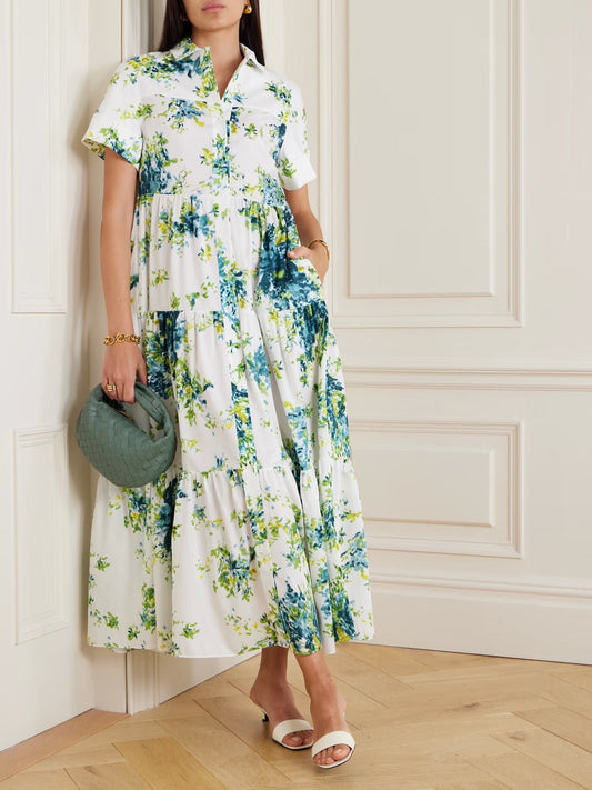 Elegant White & Green Floral Tiered Maxi Shirt Dress