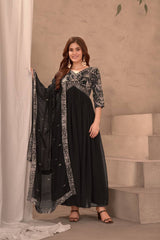 Black Embroidered Georgette Gown Set