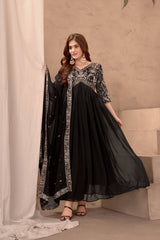 Black Embroidered Georgette Gown Set