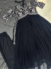 Black Embroidered Georgette Gown Set