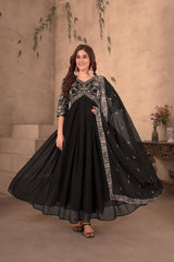 Black Embroidered Georgette Gown Set
