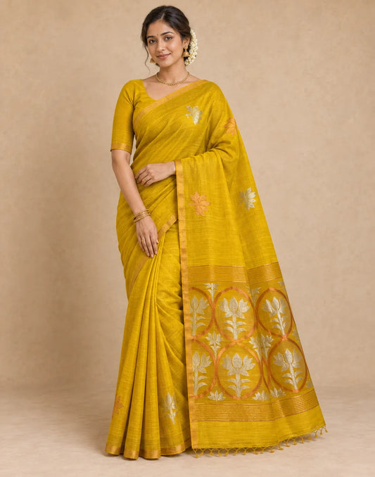 Yellow Cotton Silk Saree