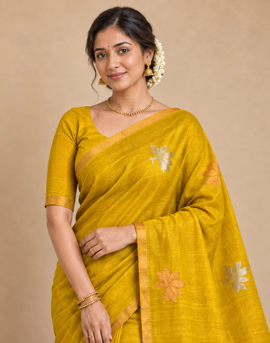Yellow Cotton Silk Saree