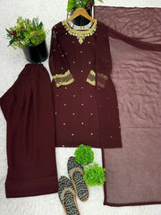 Faux Georgette Embroidered Kurta Set with Farshi Pant & Dupatta