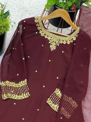 Faux Georgette Embroidered Kurta Set with Farshi Pant & Dupatta
