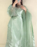 Elegant Moss Satin Kurta Set with Organza Dupatta