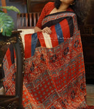 Ajrakh Print Muslin Cotton Sarees With Fumka Pallu At Wholesale Price