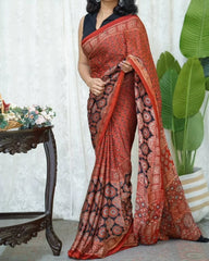 Ajrakh Print Muslin Cotton Sarees With Fumka Pallu At Wholesale Price