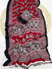 Pure Crepe Satin Ajrak Printed Saree with Rich Pallu